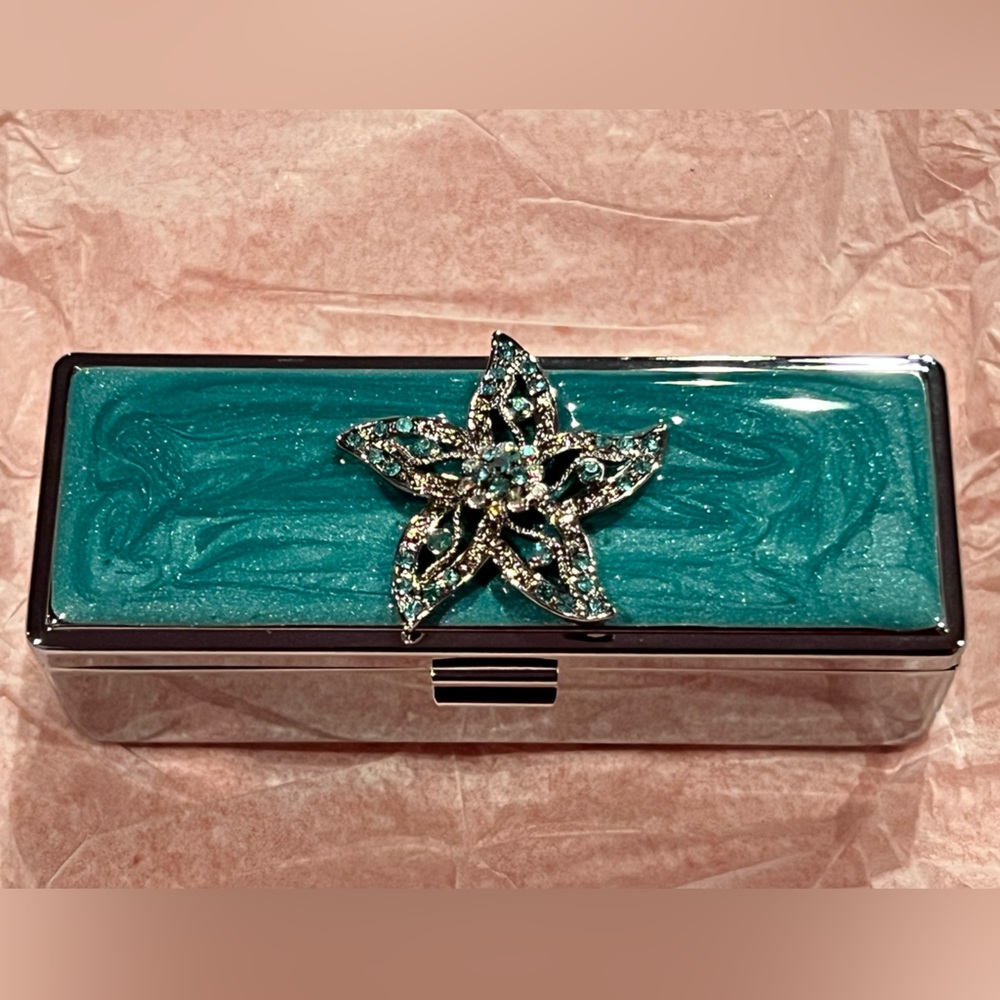 Fashionable Lipstick Case Holder with Mirror - Green Starfish Faux Rhinest…